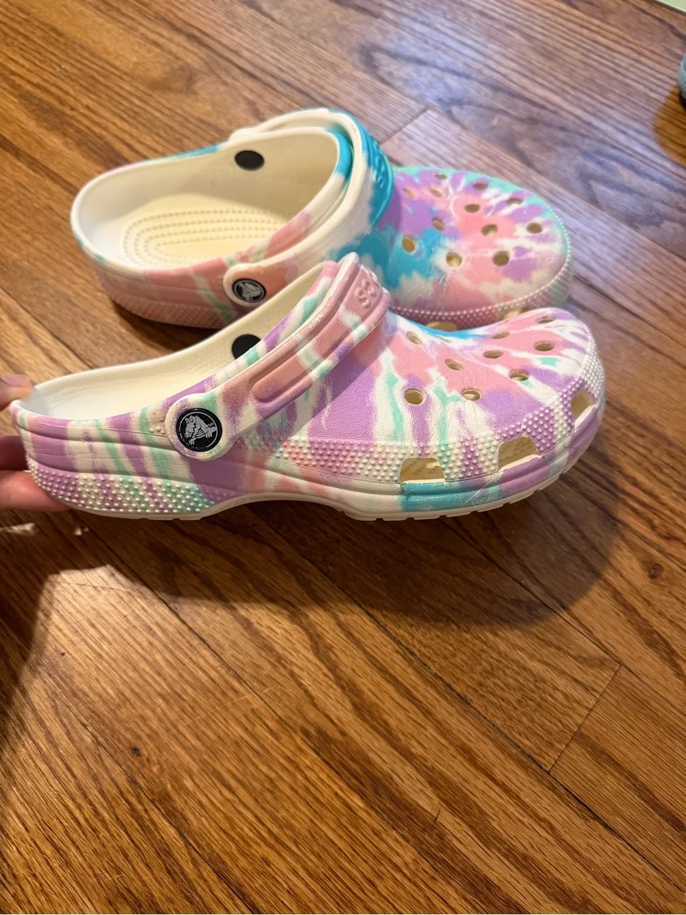 CROCS Kids Tie-Dye Clogs in Pastel Pink, Blue & Purple